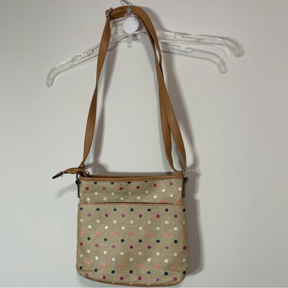 Women’s Tan and Multicolor Dots‎  Crossbody Canvas Style Bag